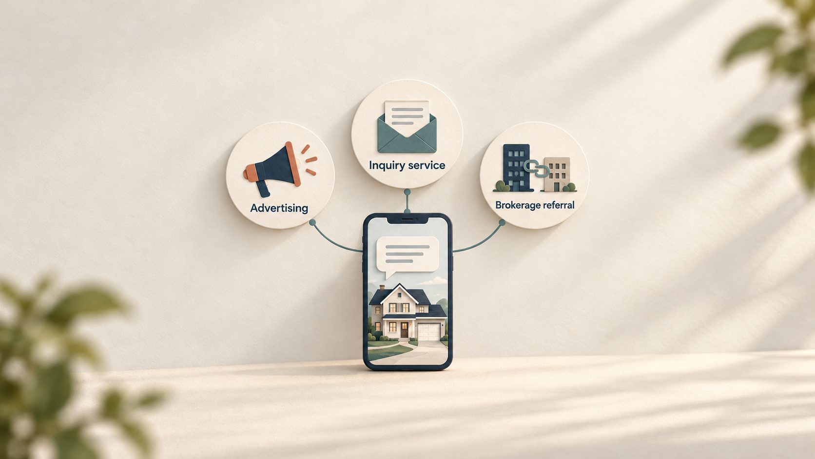 Illustrated home inquiry on a phone connected to advertising, an inquiry service, and a brokerage referral