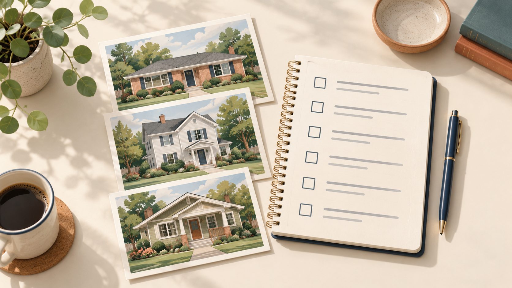 Three illustrated home options beside a spiral notebook with a six-item home-tour checklist