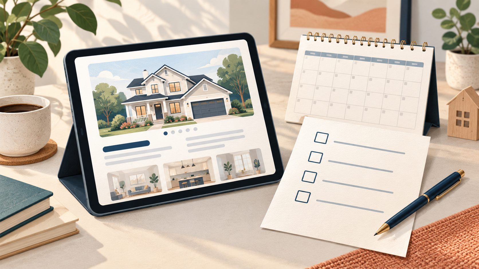 Illustrated home listing on a tablet beside a blank showing calendar and a four-item review checklist